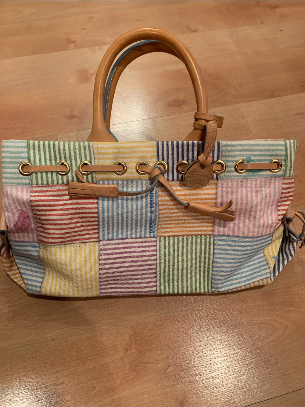 Dooney & Bourke Multicolor Patchwork Striped Tote with Leather Trim